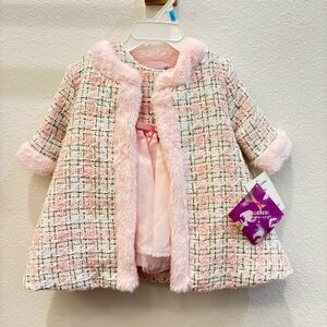 Blueberi Boulevard Pink Tweed Dress & Faux Fur Coat Set - 3-6M NWT